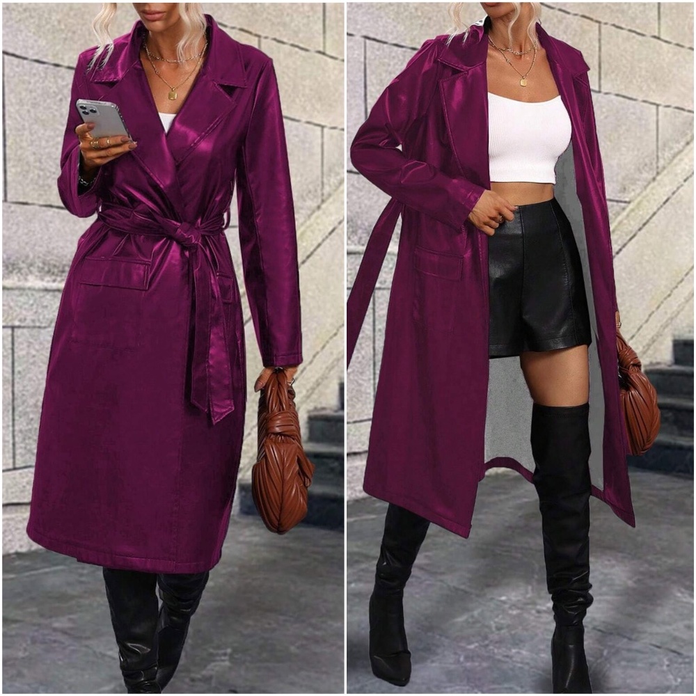 Luxe Vegan Leather Belted Minimalist Trench Coat Jacket - Picture 3 of 7